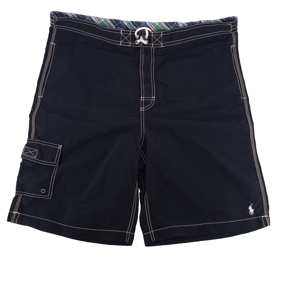 Polo Ralph Lauren Mens L Board Shorts Black Contrast Stitch Cargo Swim Trunks
